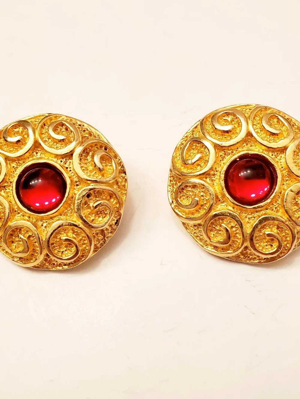 1980's Gold-Tone Swirl Clip Earrings with Red Cabochon, Large Statement Clips
